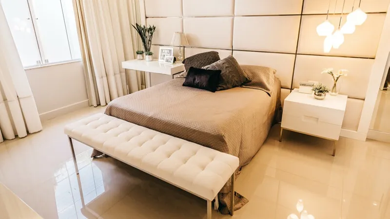 Modern bedroom with upholstered headboard